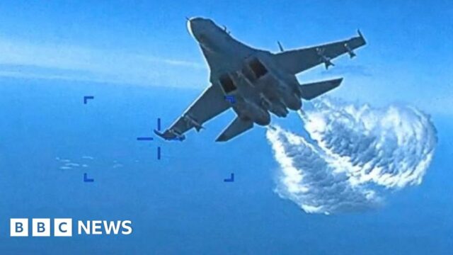 Video shows moment Russian fighter jet hits US drone over Black Sea