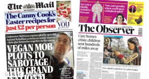 Newspaper headlines: ‘Vegan mob’ foiled and ‘care homes crisis’