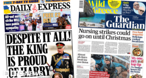 Newspaper headlines: ‘King proud of Harry’ and nurses’ strike reaction