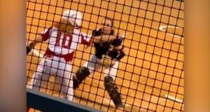 Video: Softball catcher falls for ‘the oldest trick in the book’