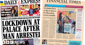 Newspaper headlines: ‘Lockdown at Palace’ and ‘AI claims first scalp’